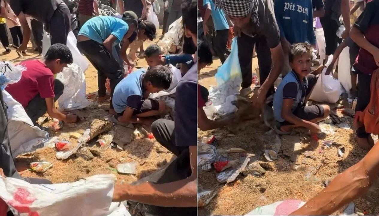 Açlıkla gayret eden Gazzeliler, havadan atılan kumla karışmış pirinçleri yiyor!